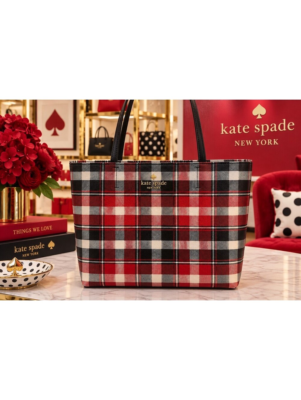 Kate Spade | Red Black Plaid Tote with Luggage Tag